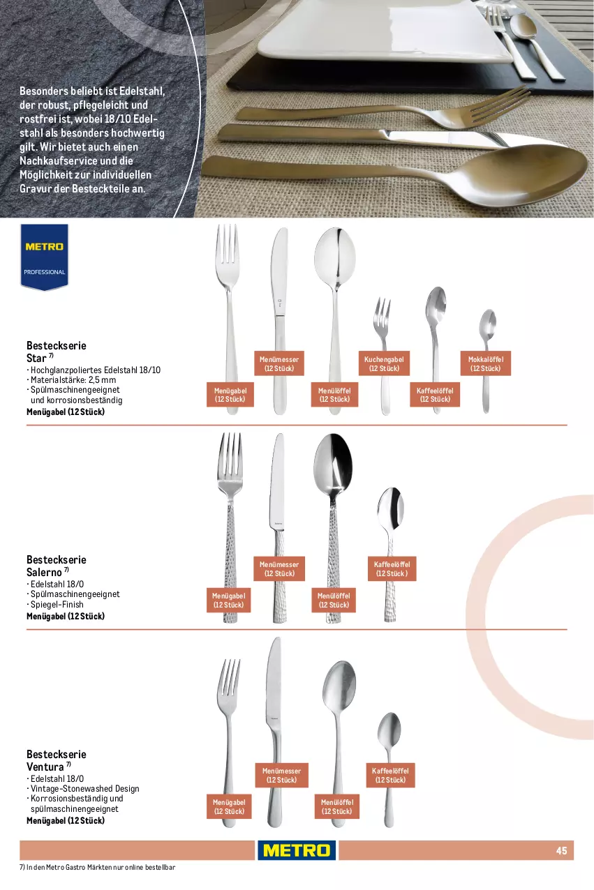 Aktueller Prospekt Metro - Non Food Sortiment - Seite 106 - von 01.10.2025 bis 09.06.2026 - strona 45 - produkty: baguette, besteck, besteckset, dessert, edelstahl, elle, Finish, fisch, gabel, hochglanz, kaffee, kuchen, Löffel, messer, Metro, metro gastro, Ria, spiegel, spülmaschinen, steak, Ti