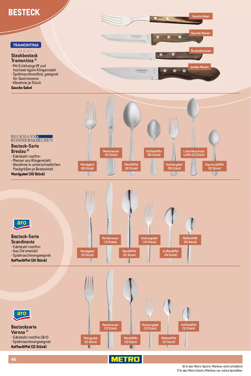Aktueller Prospekt Metro - Non Food Sortiment - Seite 106 - von 01.10.2025 bis 09.06.2026 - strona 46 - produkty: ACC, besteck, brot, buch, chia, edelstahl, espresso, essig, gabel, Holz, jumbo, kaffee, kuchen, latte, latte macchiato, LG, Löffel, mac, macchiato, messer, Metro, metro gastro, natur, pfeffer, Pfeffermühle, Pfefferstreuer, salz, spülmaschinen, steak, steakbesteck, Ti, tisch, zucker