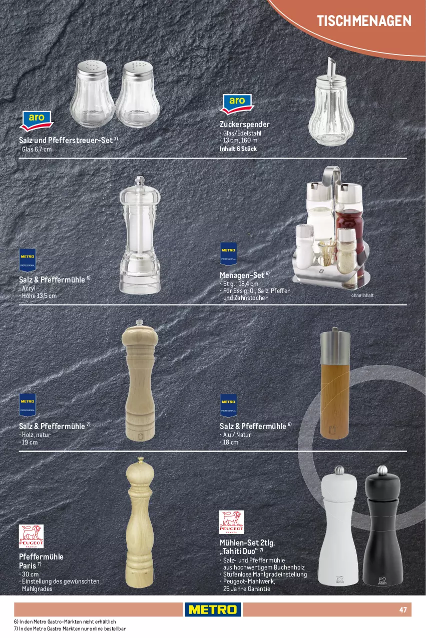 Aktueller Prospekt Metro - Non Food Sortiment - Seite 106 - von 01.10.2025 bis 09.06.2026 - strona 47 - produkty: ACC, besteck, brot, buch, chia, edelstahl, espresso, essig, gabel, Holz, jumbo, kaffee, kuchen, latte, latte macchiato, LG, Löffel, mac, macchiato, messer, Metro, metro gastro, natur, pfeffer, Pfeffermühle, Pfefferstreuer, salz, spülmaschinen, steak, steakbesteck, Ti, tisch, zucker