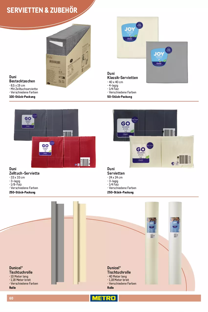 Aktueller Prospekt Metro - Non Food Sortiment - Seite 106 - von 01.10.2025 bis 09.06.2026 - strona 60 - produkty: besteck, Brei, decke, duni, eis, enders, papier, Serviette, servietten, Tasche, taschen, Ti, tisch, tischdecke, tuc, wasser
