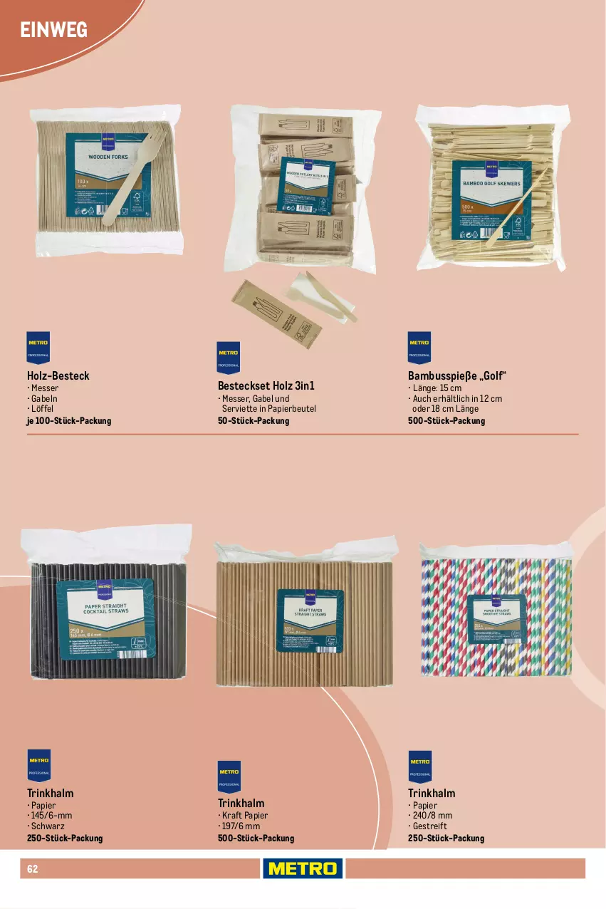 Aktueller Prospekt Metro - Non Food Sortiment - Seite 106 - von 01.10.2025 bis 09.06.2026 - strona 62 - produkty: bambus, Becher, besteck, besteckset, beutel, braun, gabel, getränk, getränke, Gläser, Holz, kraft, Löffel, messer, papier, Serviette, Tasche, tragetasche