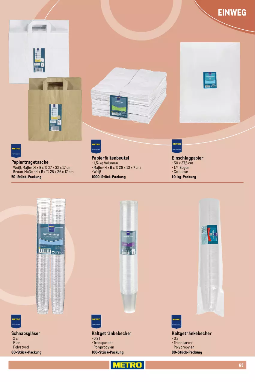 Aktueller Prospekt Metro - Non Food Sortiment - Seite 106 - von 01.10.2025 bis 09.06.2026 - strona 63 - produkty: bambus, Becher, besteck, besteckset, beutel, braun, gabel, getränk, getränke, Gläser, Holz, kraft, Löffel, messer, papier, Serviette, Tasche, tragetasche