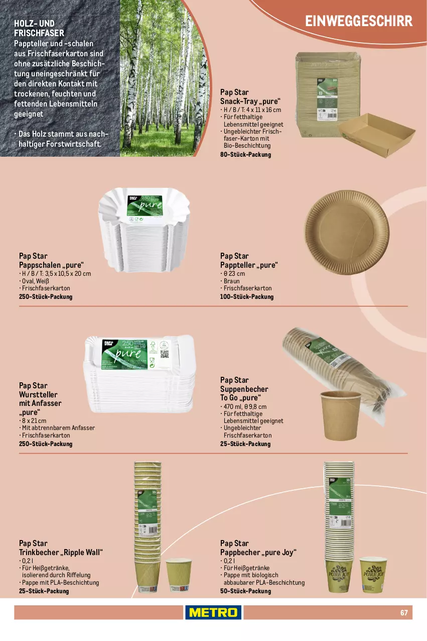 Aktueller Prospekt Metro - Non Food Sortiment - Seite 106 - von 01.10.2025 bis 09.06.2026 - strona 67 - produkty: Abba, Bau, Becher, bio, braun, elle, geschirr, getränk, getränke, Gläser, Holz, lebensmittel, mais, mikrowelle, Pappbecher, pflanze, saft, Schal, Schale, snack, Stier, suppe, suppen, teller, Ti, trinkbecher, wurst, zucker