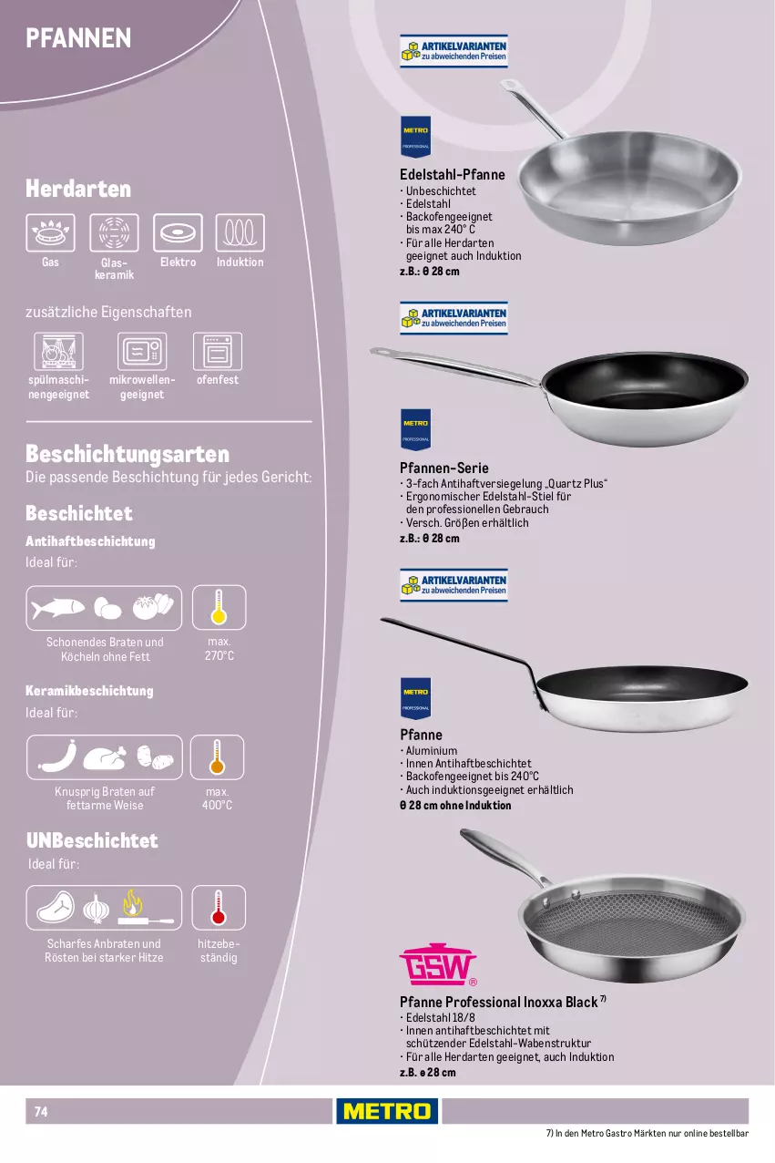 Aktueller Prospekt Metro - Non Food Sortiment - Seite 106 - von 01.10.2025 bis 09.06.2026 - strona 74 - produkty: backofen, braten, edelstahl, Edelstahl-Pfanne, eis, Elektro, elle, glaskeramik, herdarten, lack, Metro, metro gastro, mikrowelle, Ofen, pfanne, pfannen, Rauch, Schütze, spülmaschinen, Ti