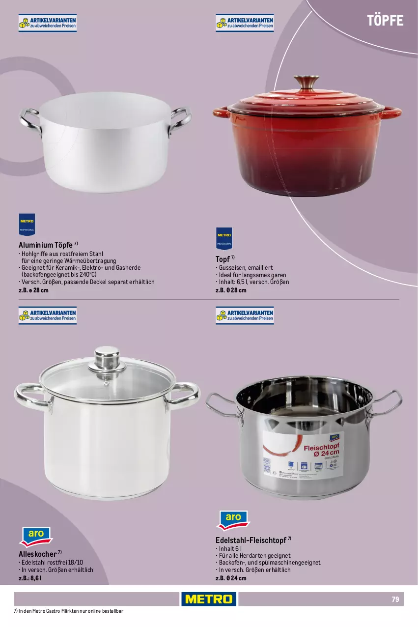 Aktueller Prospekt Metro - Non Food Sortiment - Seite 106 - von 01.10.2025 bis 09.06.2026 - strona 79 - produkty: backofen, decke, Deckel, edelstahl, Edelstahl-Fleischtopf, eis, Elektro, erde, fleisch, Fleischtopf, herdarten, Kocher, LG, Metro, metro gastro, Ofen, Palette, pfanne, ring, schüssel, Spezi, spülmaschinen, Ti, tisch, topf, WICK