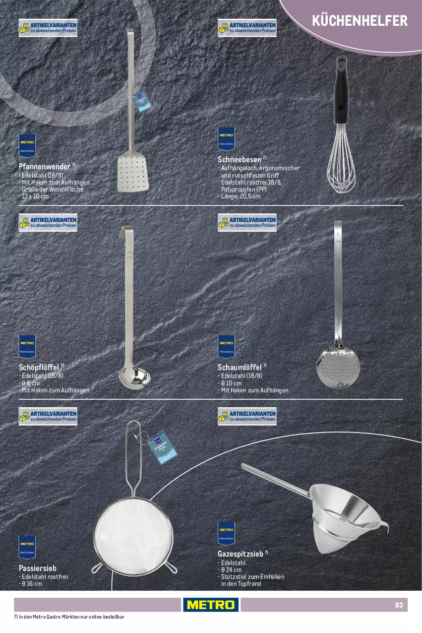 Aktueller Prospekt Metro - Non Food Sortiment - Seite 106 - von 01.10.2025 bis 09.06.2026 - strona 83 - produkty: ACC, dell, edelstahl, eis, elle, erde, küche, Küchen, Küchenhelfer, lebensmittel, Löffel, messer, Metro, metro gastro, Mode, pfanne, pfannen, Pfannenwender, rwe, saft, Schneebesen, schneidebrett, Schöpflöffel, teller, Ti, topf