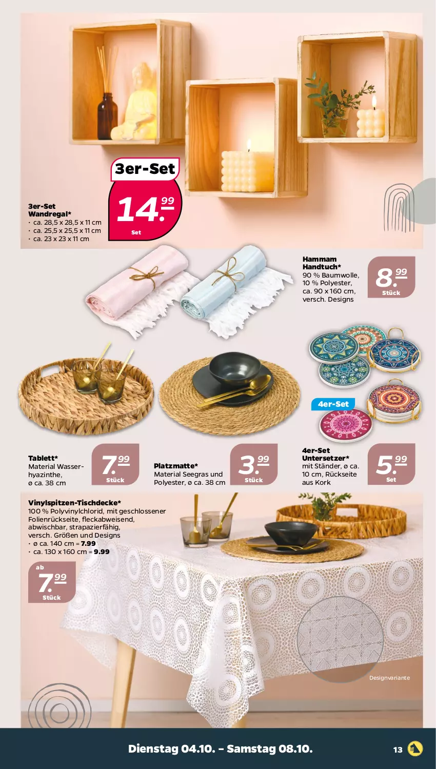 Aktueller Prospekt Netto - Woche 40 - von 04.10 bis 08.10.2022 - strona 13 - produkty: Bau, baumwolle, decke, eis, handtuch, mam, regal, Ria, tablet, tablett, Ti, tisch, tischdecke, tuc, Untersetzer, wandregal, wasser, wolle