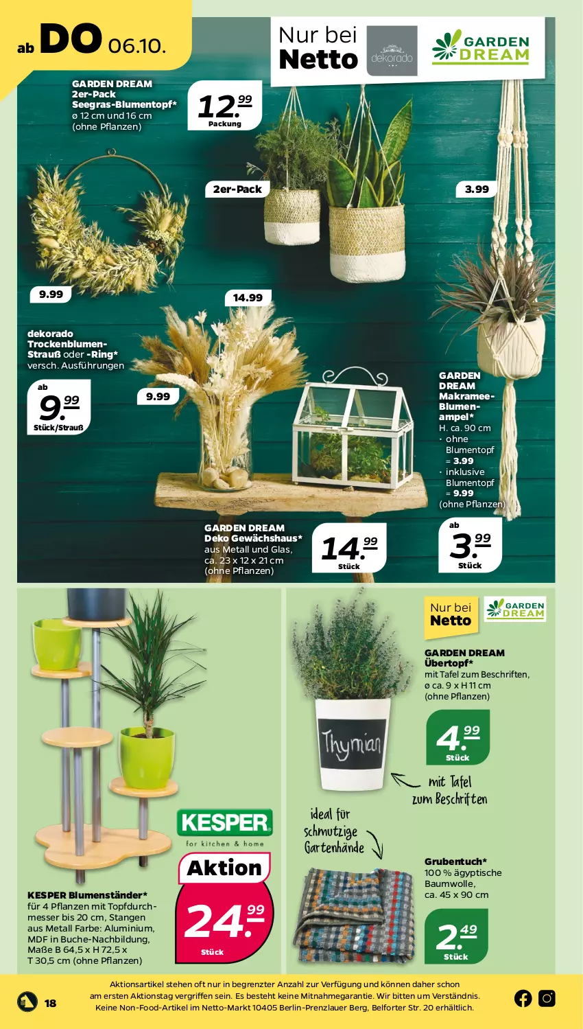 Aktueller Prospekt Netto - Woche 40 - von 04.10 bis 08.10.2022 - strona 18 - produkty: auer, Bau, baumwolle, blume, blumen, Blumenampel, Blumenstrauß, buch, Garten, Gewächshaus, kesper, messer, pflanze, pflanzen, ring, Ti, tisch, topf, tuc, übertopf, wolle, ZTE