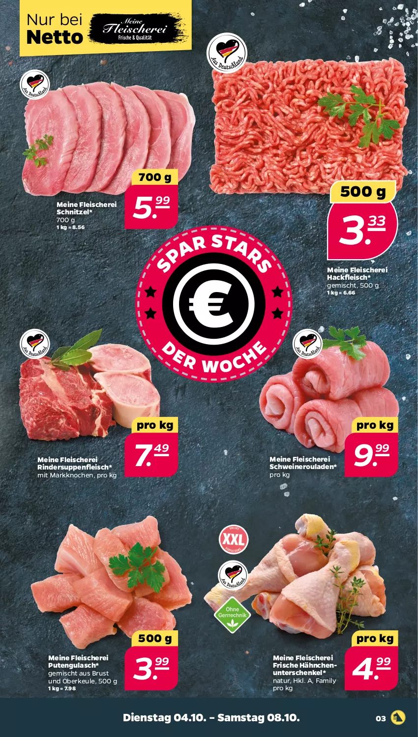 Aktueller Prospekt Netto - Woche 40 - von 04.10 bis 08.10.2022 - strona 3 - produkty: eis, fleisch, Fleischerei, Frische Hähnchen, gulasch, hackfleisch, henkel, natur, nero, pute, rind, rinder, rouladen, schenkel, Schere, schnitzel, schwein, schweine, Schweineroulade, suppe, suppen, suppenfleisch, wein, weine