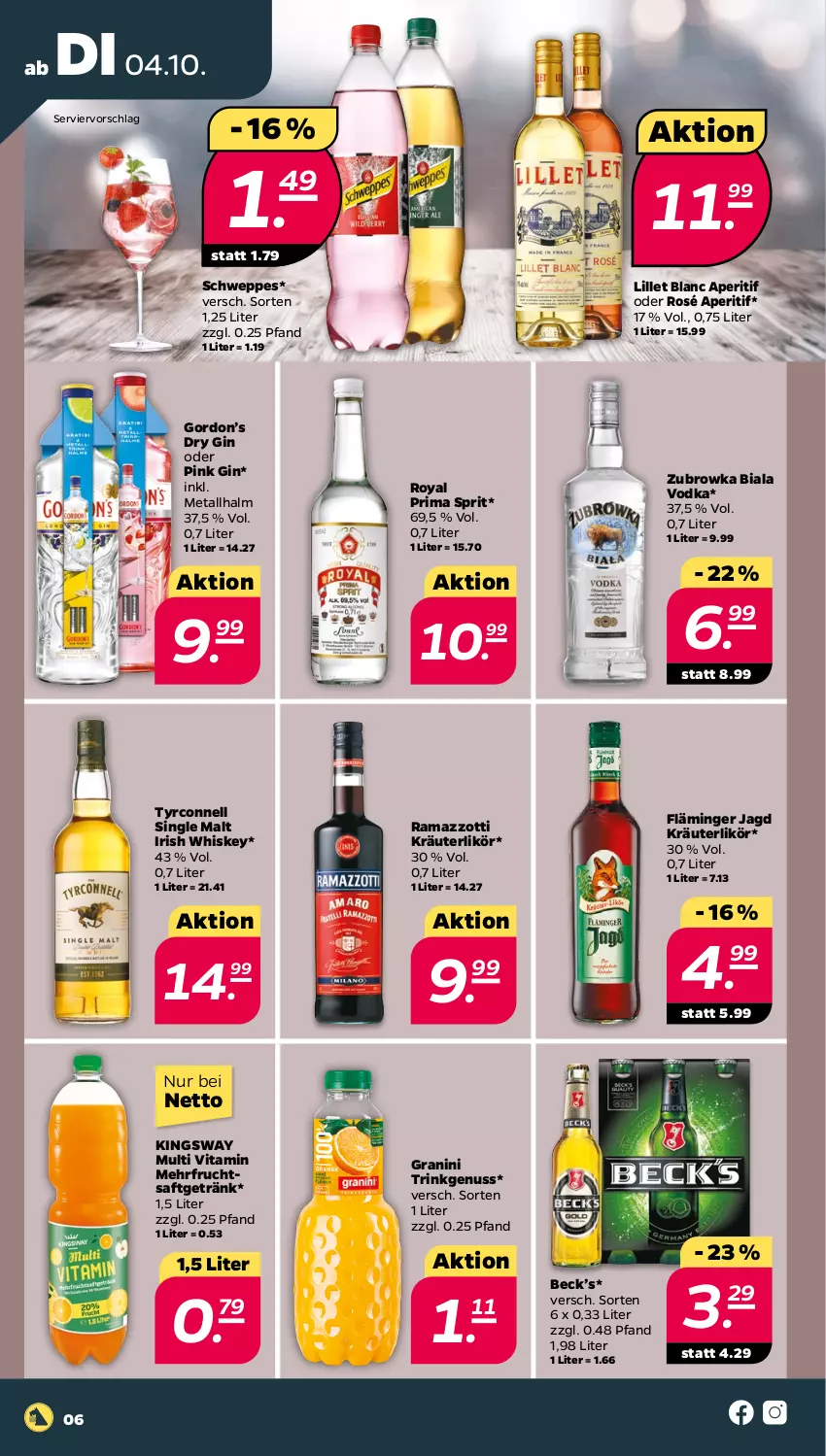 Aktueller Prospekt Netto - Woche 40 - von 04.10 bis 08.10.2022 - strona 6 - produkty: aperitif, dry gin, frucht, fruchtsaft, fruchtsaftgetränk, getränk, gin, gordon, Gordon’s, granini, gsw, irish whiskey, kräuter, kräuterlikör, likör, lillet, nuss, rama, ramazzott, ramazzotti, saft, schweppes, single malt, Ti, vita, vodka, whiskey, zott