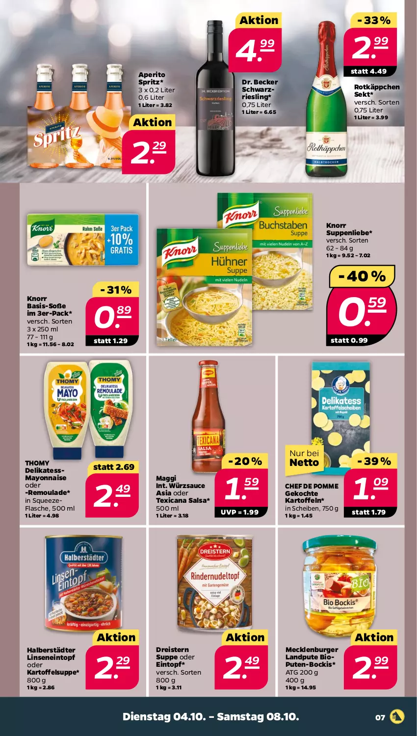 Aktueller Prospekt Netto - Woche 40 - von 04.10 bis 08.10.2022 - strona 7 - produkty: bio, burger, dreistern, eintopf, eis, flasche, kartoffel, kartoffeln, Kartoffelsuppe, knorr, linsen, maggi, mayonnaise, pute, reis, remoulade, riesling, rotkäppchen, Salsa, sauce, schwarzriesling, sekt, Soße, suppe, suppen, suppenliebe, texicana, Texicana Salsa, thomy, Ti, topf, würzsauce, Yo