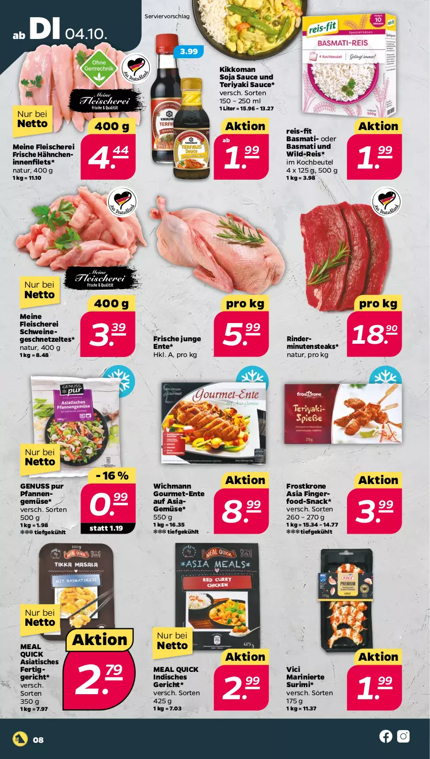 Aktueller Prospekt Netto - Woche 40 - von 04.10 bis 08.10.2022 - strona 8 - produkty: basmati, beutel, eis, ente, fertiggericht, filet, filets, fleisch, Fleischerei, Frische Hähnchen, geschnetzeltes, kikkoman, kochbeutel, krone, minutensteaks, natur, nuss, pfanne, pfannen, reis, reis-fit, rind, rinder, sauce, Schere, schwein, schweine, snack, soja, steak, steaks, Ti, tisch, wein, weine, Wild, Zelt