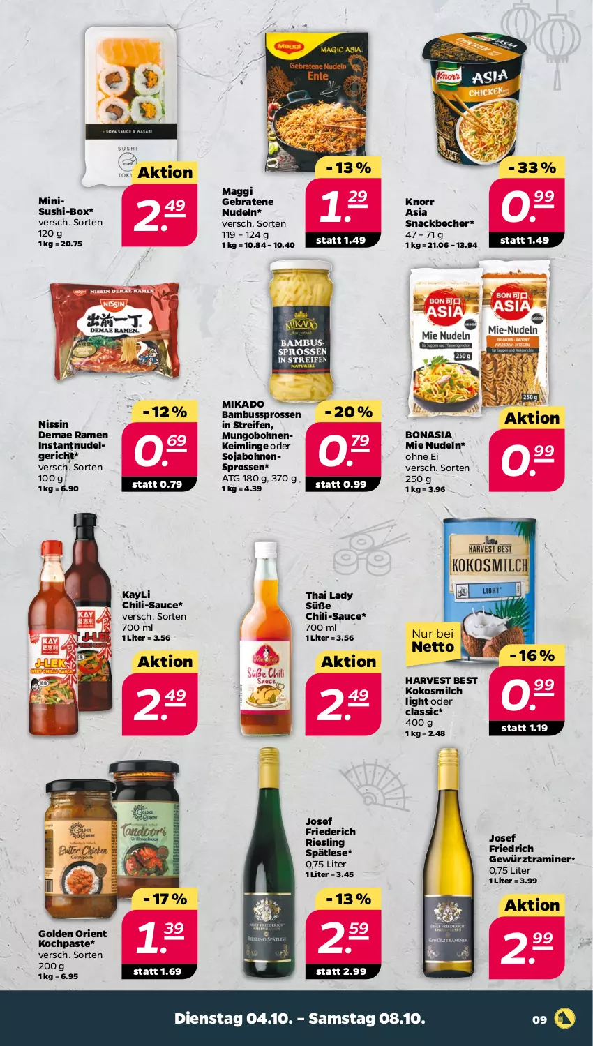 Aktueller Prospekt Netto - Woche 40 - von 04.10 bis 08.10.2022 - strona 9 - produkty: bambus, Becher, bohne, bohnen, Bona, braten, chili, gewürz, HP, knorr, kokos, kokosmilch, LG, maggi, mikado, milch, Nissin, nudel, Nudelgericht, nudeln, reifen, riesling, sauce, snack, soja, Sushi, Ti