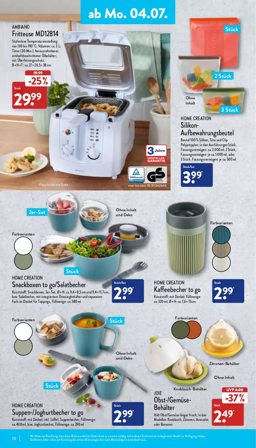 Aktueller Prospekt Aldi Nord - Aldi-Vorschau - von 04.07 bis 09.07.2022 - strona 10 - produkty: ambia, avocado, avocados, banane, bananen, Becher, Behälter, beutel, decke, Deckel, dell, dressing, elle, fenster, fritteuse, gin, joghur, joghurt, kaffee, kaffeebecher, knoblauch, Löffel, Mode, obst, Ria, salat, snack, suppe, suppen, Ti, timer, Tüte, überhitzungsschutz, zitrone, zitronen, ZTE