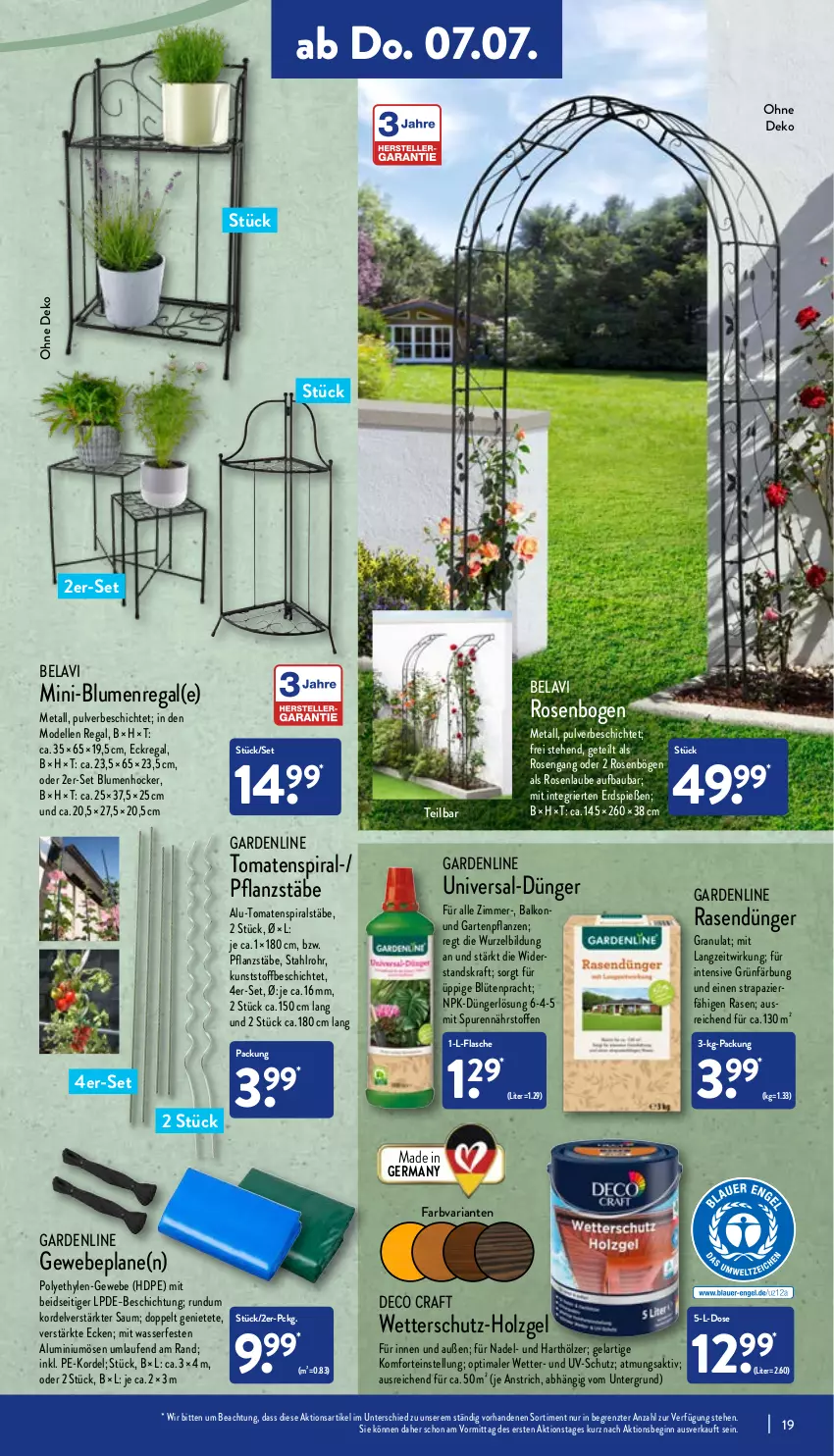 Aktueller Prospekt Aldi Nord - Aldi-Vorschau - von 04.07 bis 09.07.2022 - strona 19 - produkty: Bau, blume, blumen, Blüte, dell, dünger, Eckregal, elle, flasche, Garten, Gartenpflanze, Germ, Gewebeplane, gin, hocker, Holz, kraft, Laufen, Mode, pflanze, pflanzen, rasen, rasendünger, regal, Ria, rosen, Ti, tomate, tomaten, uv-schutz, wasser, ZTE