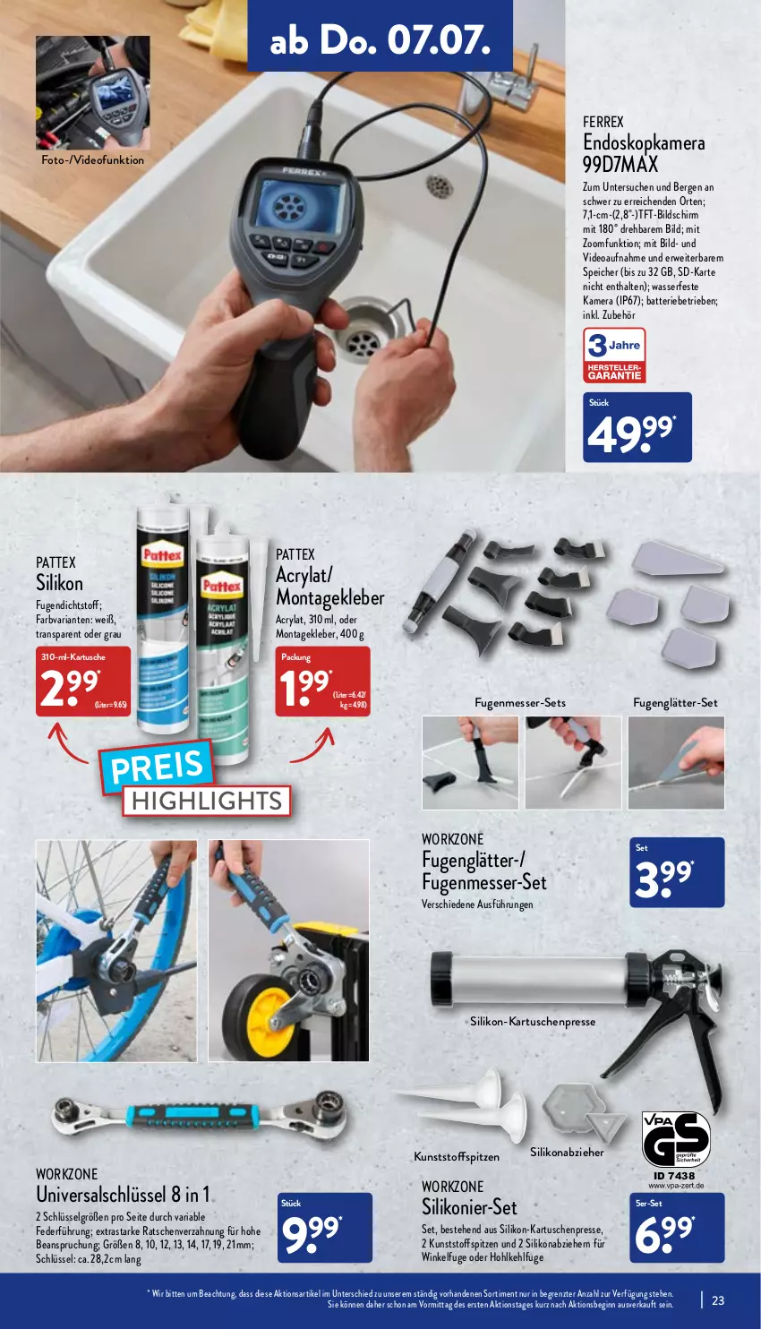 Aktueller Prospekt Aldi Nord - Aldi-Vorschau - von 04.07 bis 09.07.2022 - strona 23 - produkty: batterie, deo, eis, ferrex, Fugenglätter, Fugenmesser, gin, kamera, kleber, LG, messer, pattex, reis, Ria, rwe, Ti, wasser, ZTE