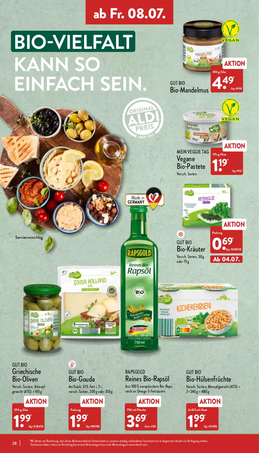 Aktueller Prospekt Aldi Nord - Aldi-Vorschau - von 04.07 bis 09.07.2022 - strona 28 - produkty: bio, flasche, früchte, Germ, gin, gouda, hülsenfrüchte, kräuter, mandel, Mandelmus, olive, oliven, omega, Omega-3, pastete, rapsöl, senf, Ti, veggie, ZTE