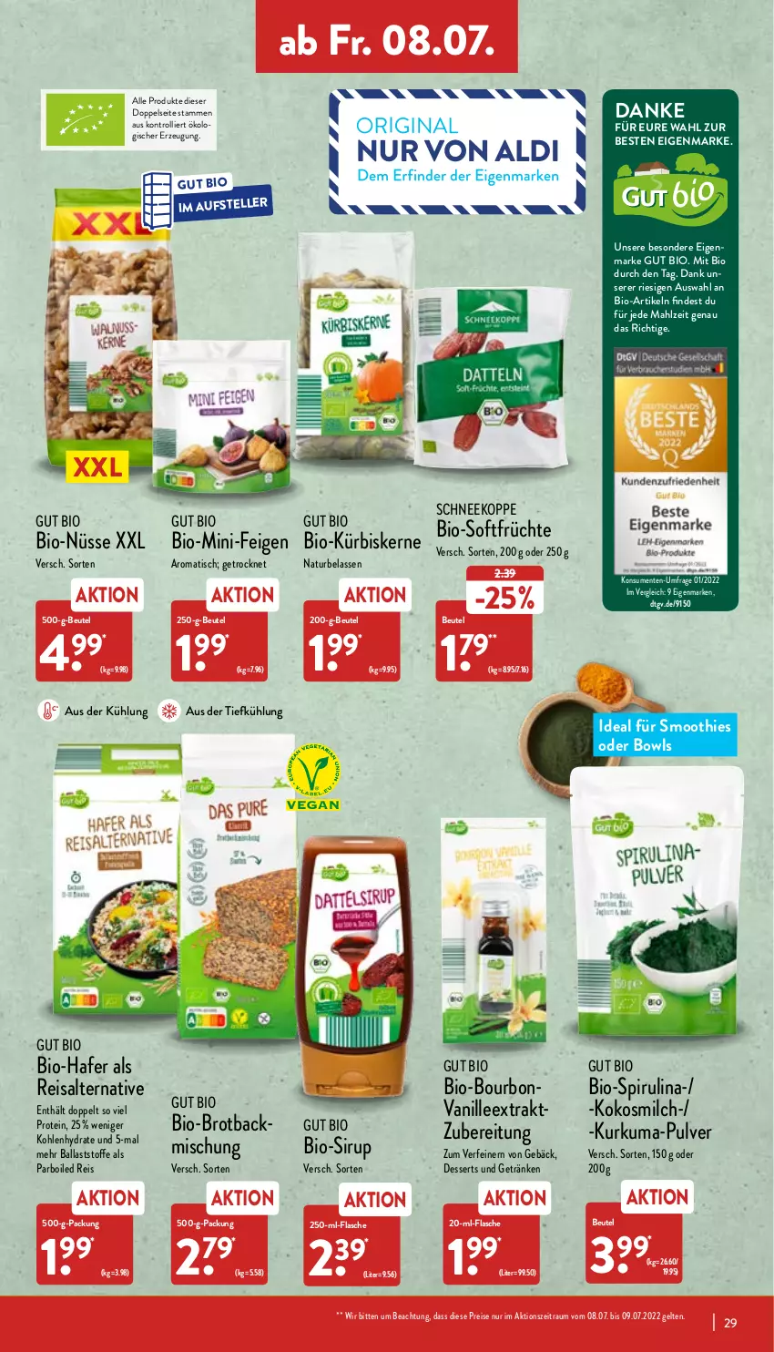 Aktueller Prospekt Aldi Nord - Aldi-Vorschau - von 04.07 bis 09.07.2022 - strona 29 - produkty: aus der tiefkühlung, backmischung, ball, beutel, bio, bourbon, bourbonvanille, brot, dessert, desserts, eis, elle, ente, Feigen, flasche, früchte, getränk, getränke, hafer, kokos, kokosmilch, Kürbis, kürbiskerne, milch, natur, reis, sirup, smoothie, smoothies, teller, Ti, tisch, trolli, vanille