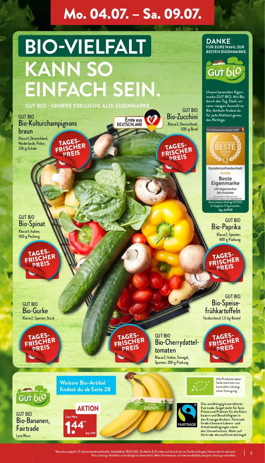 Aktueller Prospekt Aldi Nord - Aldi-Vorschau - von 04.07 bis 09.07.2022 - strona 3 - produkty: aldi, auer, banane, bananen, Bau, Bauer, beutel, bio, bio-bananen, Bio-Paprika, bio-zucchini, braun, champignon, champignons, champignons braun, eis, ente, Frühkartoffeln, gurke, kartoffel, kartoffeln, lebensmittel, paprika, Rauch, reis, Schal, Schale, spinat, Ti, tomate, tomaten, trolli, Yo, zucchini