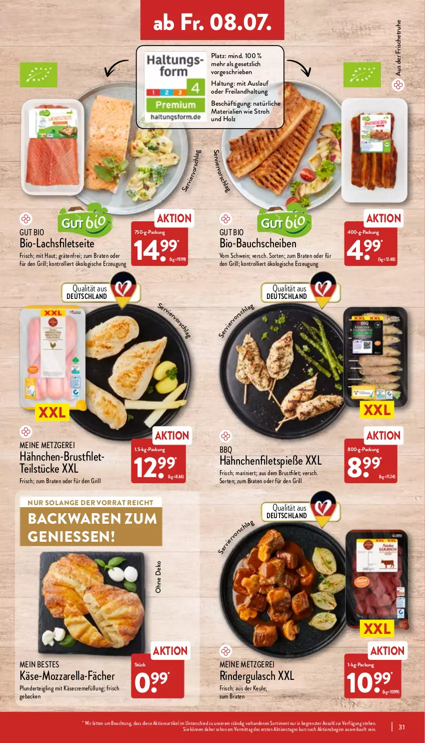 Aktueller Prospekt Aldi Nord - Aldi-Vorschau - von 04.07 bis 09.07.2022 - strona 31 - produkty: backwaren, Bau, bauchscheiben, bio, braten, brustfilet, creme, filet, filets, geback, gin, grill, gulasch, hähnchen-brustfilet, Holz, Käse, lachs, lachsfilet, lachsfilets, mozzarella, Plunder, rel, Ria, rind, rinder, rindergulasch, schwein, Ti, trolli, wein, ZTE