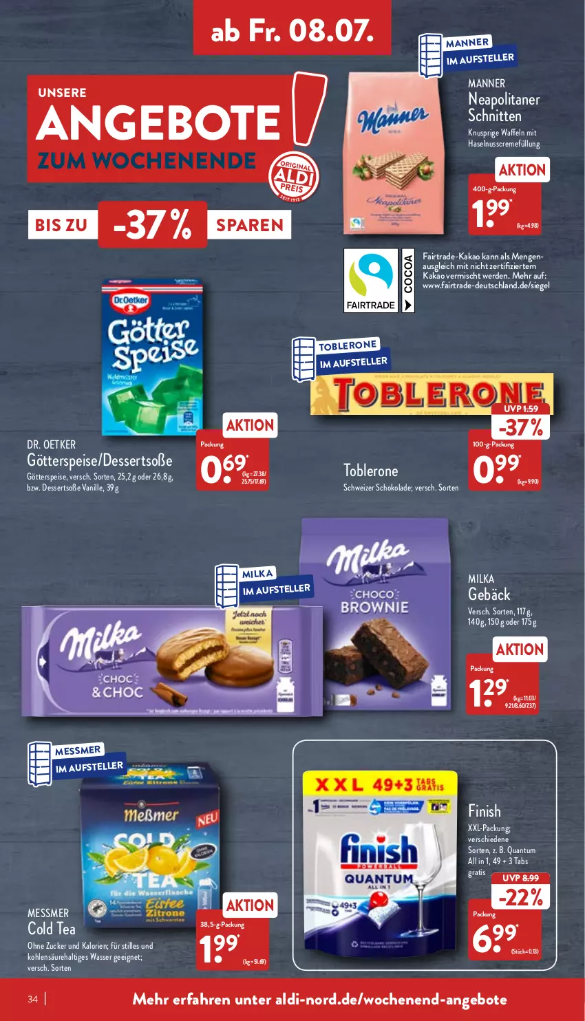 Aktueller Prospekt Aldi Nord - Aldi-Vorschau - von 04.07 bis 09.07.2022 - strona 34 - produkty: aldi, angebot, angebote, creme, dessert, desserts, Dr. Oetker, eis, elle, erde, Finish, götterspeise, haselnuss, Haselnusscreme, kakao, Manner, milka, nuss, schnitten, schoko, schokolade, Soße, teller, Ti, toblerone, vanille, waffeln, wasser, xxl-packung, zucker