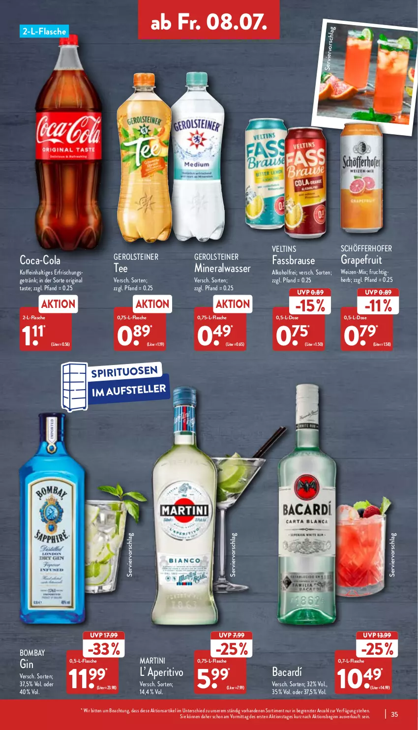 Aktueller Prospekt Aldi Nord - Aldi-Vorschau - von 04.07 bis 09.07.2022 - strona 35 - produkty: alkohol, Alwa, brause, coca-cola, cola, elle, erfrischungsgetränk, fassbrause, flasche, frucht, gerolsteine, gerolsteiner, getränk, gin, grapefruit, martini, mineralwasser, schöfferhofer, spirituosen, steiner, tee, teller, Ti, veltins, wasser, ZTE