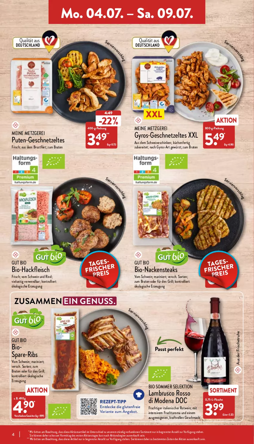 Aktueller Prospekt Aldi Nord - Aldi-Vorschau - von 04.07 bis 09.07.2022 - strona 4 - produkty: aldi, angebot, bio, Bio-Hackfleisch, braten, brustfilet, decke, eis, filet, flasche, fleisch, frucht, geschnetzeltes, gewürz, gin, grill, gyros, hackfleisch, kraft, küche, Küchen, Lambrusco, mac, Mode, Nackensteak, nackensteaks, nuss, Ofen, pute, rezept, rezept-tipp, rezepte, Ria, rind, rotwein, rwe, schinken, schwein, schwein und rind, schweine, Spezi, steak, steaks, Ti, trolli, vom schwein und rind, wein, weine, Zelt, ZTE