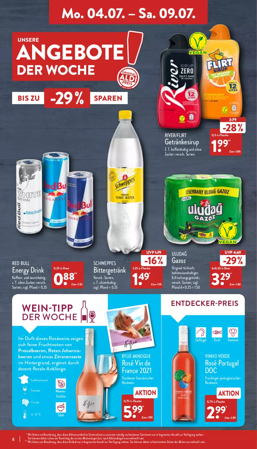 Aktueller Prospekt Aldi Nord - Aldi-Vorschau - von 04.07 bis 09.07.2022 - strona 8 - produkty: angebot, angebote, beere, beeren, cuvée, decke, drink, eis, energy drink, erde, erfrischungsgetränk, fisch, flasche, frucht, früchte, Geflügel, getränk, getränke, getränkesirup, gin, johannisbeere, Johannisbeeren, meeresfrüchte, red bull, reis, roséwein, salat, schweppes, sirup, Ti, vin de france, vinho verde, wein, zitrone, zitronen, ZTE, zucker