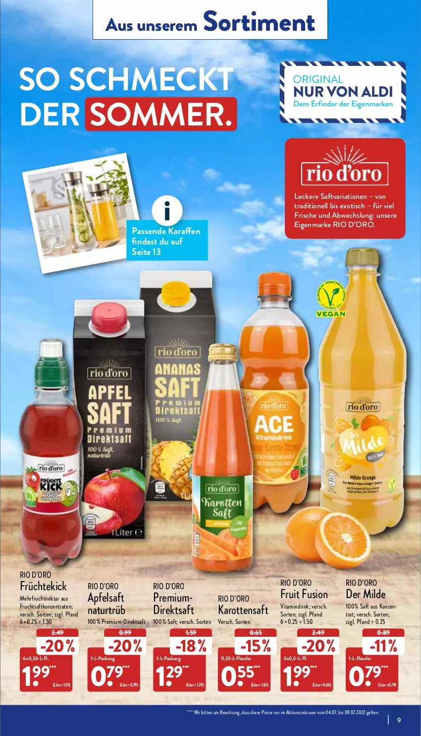 Aktueller Prospekt Aldi Nord - Aldi-Vorschau - von 04.07 bis 09.07.2022 - strona 9 - produkty: apfel, apfelsaft, direktsaft, drink, eis, flasche, frucht, früchte, fruchtsaft, Karaffe, karotten, natur, Nektar, reis, Ria, saft, Ti, tisch, vita