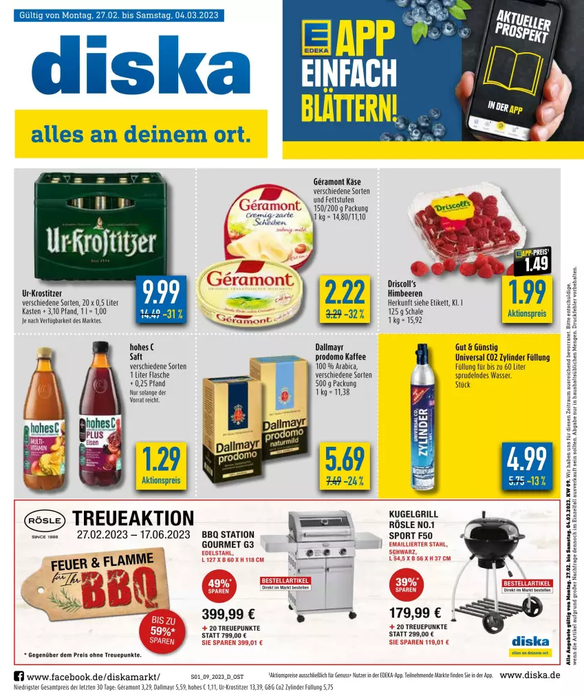 Aktueller Prospekt Diska - Prospekte - von 27.02 bis 04.03.2023 - strona 1 - produkty: aktionspreis, angebot, angebote, beere, beeren, dallmayr, dallmayr prodomo, deka, eis, elle, flasche, grill, himbeer, himbeere, himbeeren, kaffee, Käse, Kugel, kugelgrill, LG, nuss, prodomo, reis, rösle, saft, Schal, Schale, Sport, Sprudel, Ti, wasser, ZTE