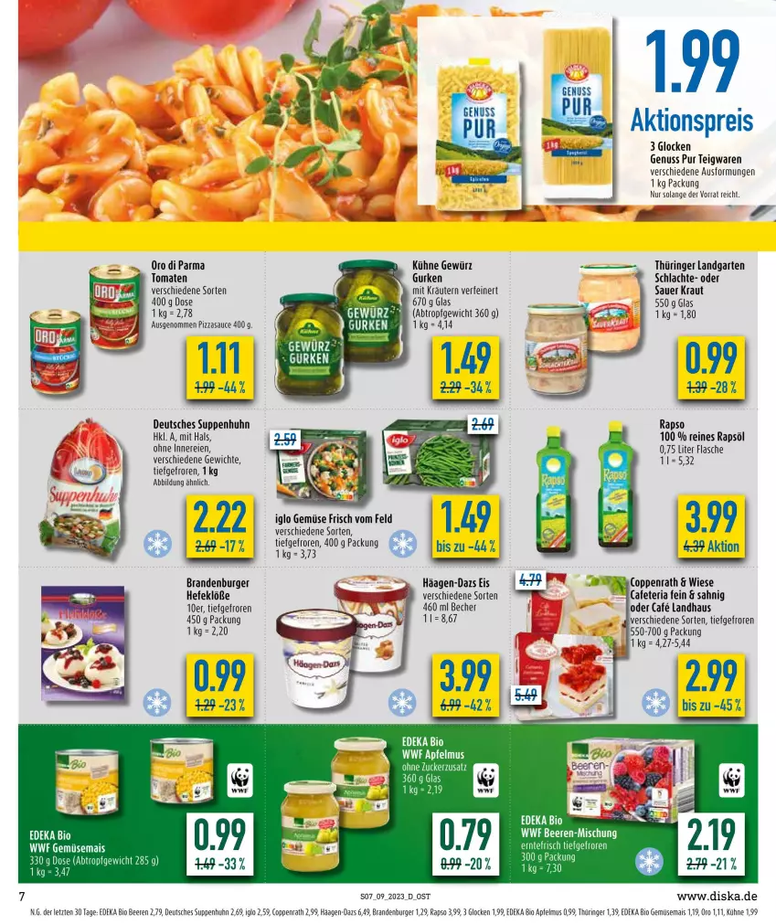 Aktueller Prospekt Diska - Prospekte - von 27.02 bis 04.03.2023 - strona 7 - produkty: aktionspreis, apfel, apfelmus, auer, Becher, beere, beeren, bier, bio, bio gemüse, burger, coppenrath, deka, edeka bio, eier, eis, flasche, Garten, gemüsemais, gewürz, gurke, gurken, häagen-dazs, Hefe, iglo, Kraut, kräuter, kräutern, Kühne, mais, nuss, oro di parma, pizza, rapso, rapsöl, reines rapsöl, reis, Ria, ring, sauce, suppe, suppen, Suppenhuhn, teigwaren, Ti, tomate, tomaten, ZTE