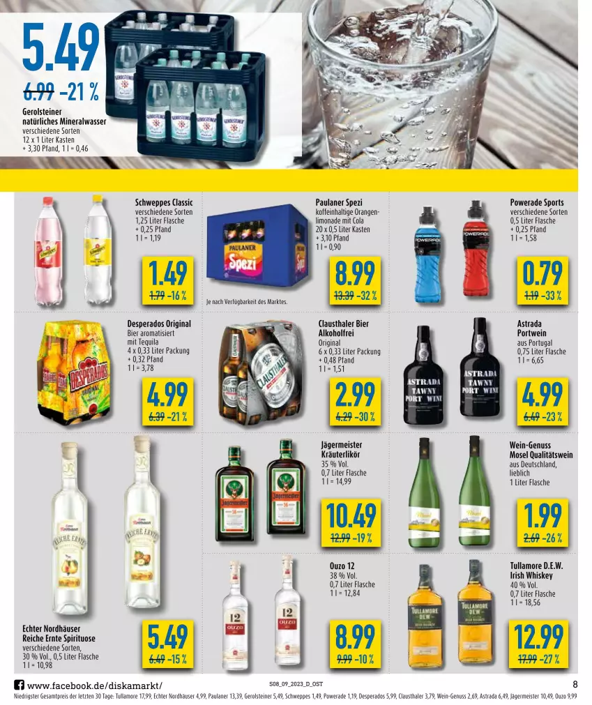 Aktueller Prospekt Diska - Prospekte - von 27.02 bis 04.03.2023 - strona 8 - produkty: alkohol, Alwa, Astra, aust, bier, clausthaler, cola, desperados, eis, flasche, Germ, gerolsteine, gerolsteiner, gin, irish whiskey, jägermeister, kräuter, kräuterlikör, likör, limo, limonade, Meister, mineralwasser, natürliches mineralwasser, nuss, orange, orangen, ouzo, ouzo 12, Paula, paulaner, Portwein, qualitätswein, reis, schweppes, Spezi, Sport, steiner, tequila, Ti, tullamore, wasser, wein, whiskey, ZTE