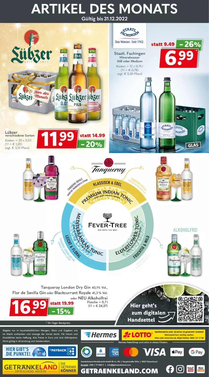 Aktueller Prospekt Getraenkeland - von 12.12 bis 24.12.2022 - strona 12 - produkty: abholpreise, alkohol, Alwa, bestpreis, Currant, dry gin, eis, Elan, flasche, getränk, getränke, gin, lack, london dry, london dry gin, Lübzer, mac, mineralwasser, reis, Staatl. Fachingen, Tanqueray, Ti, wasser