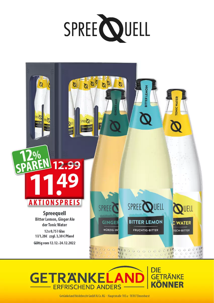 Aktueller Prospekt Getraenkeland - von 12.12 bis 24.12.2022 - strona 15 - produkty: aktionspreis, bitter lemon, eis, Elan, frucht, getränk, getränke, gin, ginger, ginger ale, reis, Spreequell, Ti, tonic, tonic water