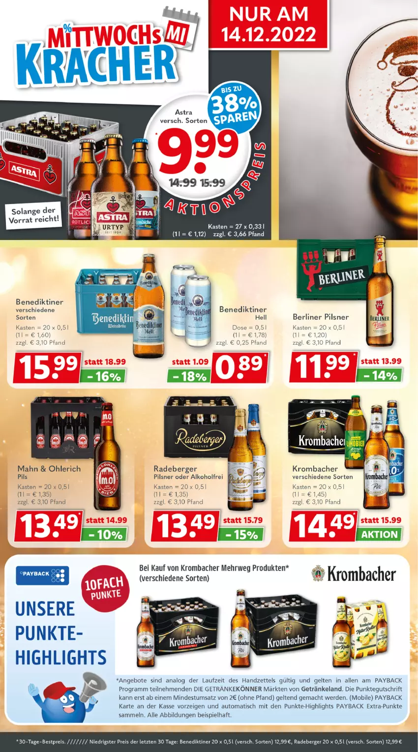 Aktueller Prospekt Getraenkeland - von 12.12 bis 24.12.2022 - strona 2 - produkty: alkohol, angebot, angebote, auto, Benediktiner, Berger, berliner, bestpreis, eis, Elan, erde, getränk, getränke, krombache, krombacher, mac, payback, pils, pilsner, radeberger, radeberger pilsner, reis, rwe, Ti, tisch, ZTE