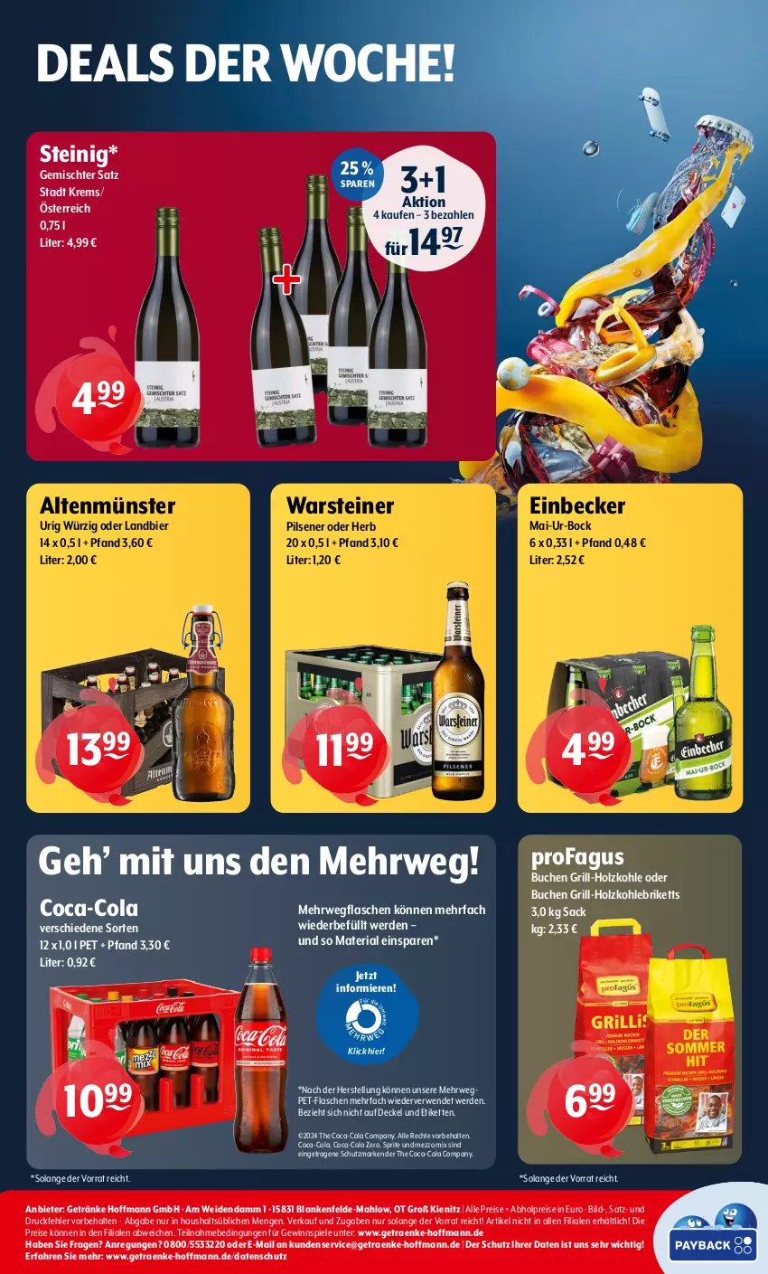 Aktueller Prospekt Getraenke Hoffmann - Prospekte - von 15.04 bis 20.04.2024 - strona 8 - produkty: abholpreise, Altenmünster, bier, briketts, buch, coca-cola, cola, decke, Deckel, eis, erde, flasche, Gemischter Satz, getränk, getränke, gewinnspiel, grill, grill-holzkohle, Holz, holzkohle, Kette, Mezzo Mix, pet-flasche, pet-flaschen, pils, pilsener, profagus, reis, Ria, rwe, sac, Spiele, sprite, steiner, Ti, warsteiner