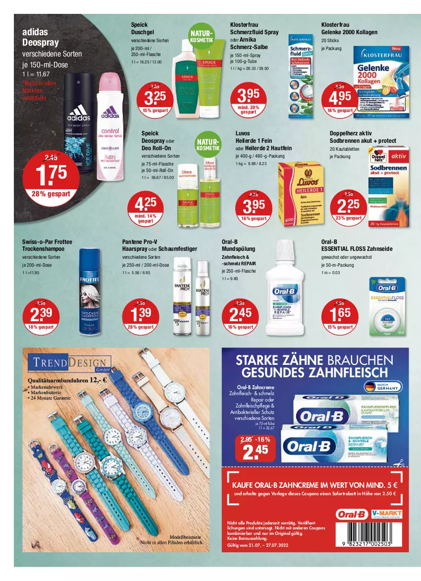 Aktueller Prospekt Vmarkt - V-Markt - von 21.07 bis 27.07.2022 - strona 10 - produkty: Adidas, coupon, coupons, creme, deo, deo roll-on, deospray, doppelherz, duschgel, eis, elle, erde, flasche, fleisch, Germ, gin, haarspray, HP, je 50-ml-roll-on, Kollagen, kosmetik, mundspülung, natur, oder deo roll-on, oder schaumfestiger, oral-b, pantene, pantene pro-v, pro-v, Rauch, roll-on, schaumfestiger, shampoo, sofortrabatt, Speick, spülung, Swiss-o-Par, tablet, tablett, Tablette, tee, Ti, Trockenshampoo, zahncreme, Zahnseide