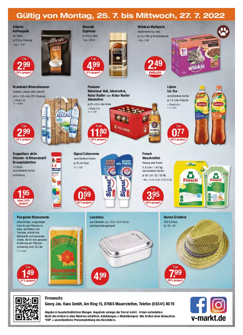 Aktueller Prospekt Vmarkt - V-Markt - von 21.07 bis 27.07.2022 - strona 20 - produkty: alkohol, alle artikel ohne dekoration, Alwa, angebot, angebote, auer, beutel, blume, blumen, blumenerde, brause, Brausetabletten, creme, dekoration, dell, doppelherz, edelstahl, eis, elle, ente, erde, espresso, flasche, Frosch, ice tea, kaes, kaffee, kaffeepads, katzennahrung, krumbach, lipton, lipton ice tea, lunchbox, mineralwasser, Mineralwasser Medium, Mode, natur, natur radler, Nescafé, Paula, paulaner, pflanze, pflanzen, portionsbeutel, radler, reis, rel, ring, rum, Signal, spülmaschinen, tablet, tablett, Tablette, telefon, teller, Ti, vita, waschmittel, wasser, whiskas, zahncreme