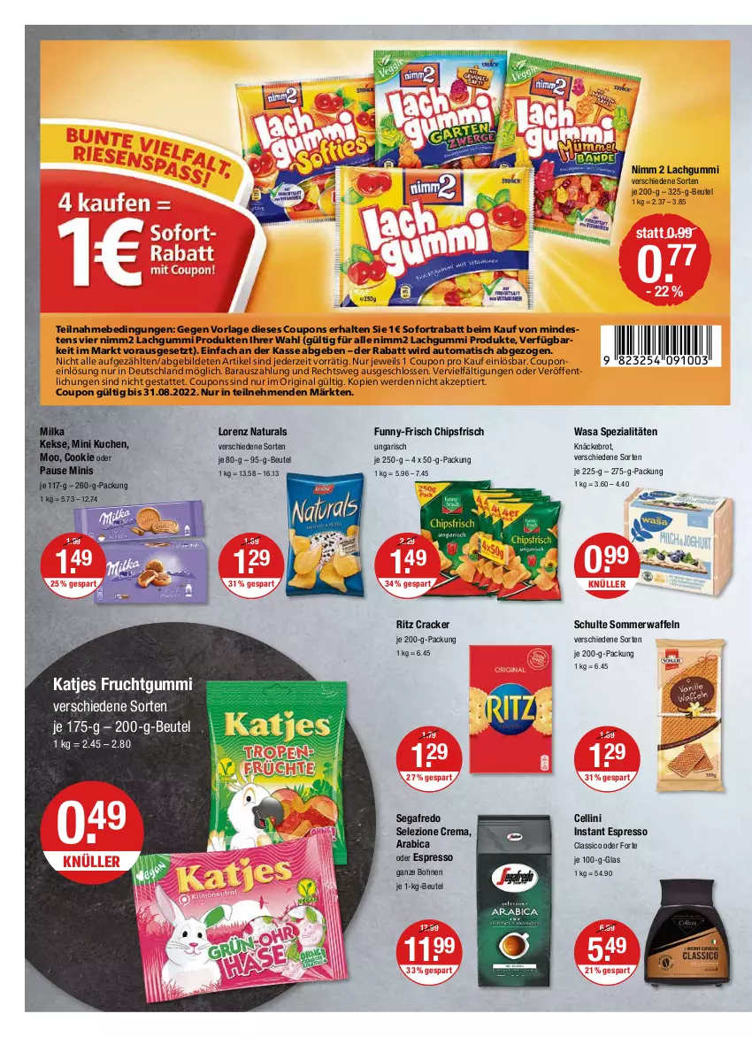 Aktueller Prospekt Vmarkt - V-Markt - von 21.07 bis 27.07.2022 - strona 8 - produkty: auto, beutel, bohne, bohnen, brot, chips, chipsfrisch, classico, cookie, coupon, coupons, cracker, erde, espresso, frucht, fruchtgummi, funny-frisch, gin, katjes, keks, kekse, knäckebrot, kuchen, lachgummi, lorenz, milka, natur, natura, Nimm 2, nimm2, oder espresso, Segafredo, sofortrabatt, Spezi, Ti, tisch, waffeln, wasa