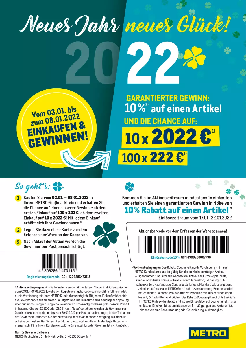 Aktueller Prospekt Metro - Rabattcoupons - von 03.01 bis 08.01.2022 - strona 1 - produkty: Apple, brut, coupon, eis, elle, erde, gewinnspiel, gutschein, gutscheine, LG, lieferservice, Metro, miele, rabatt-coupon, reis, Ti