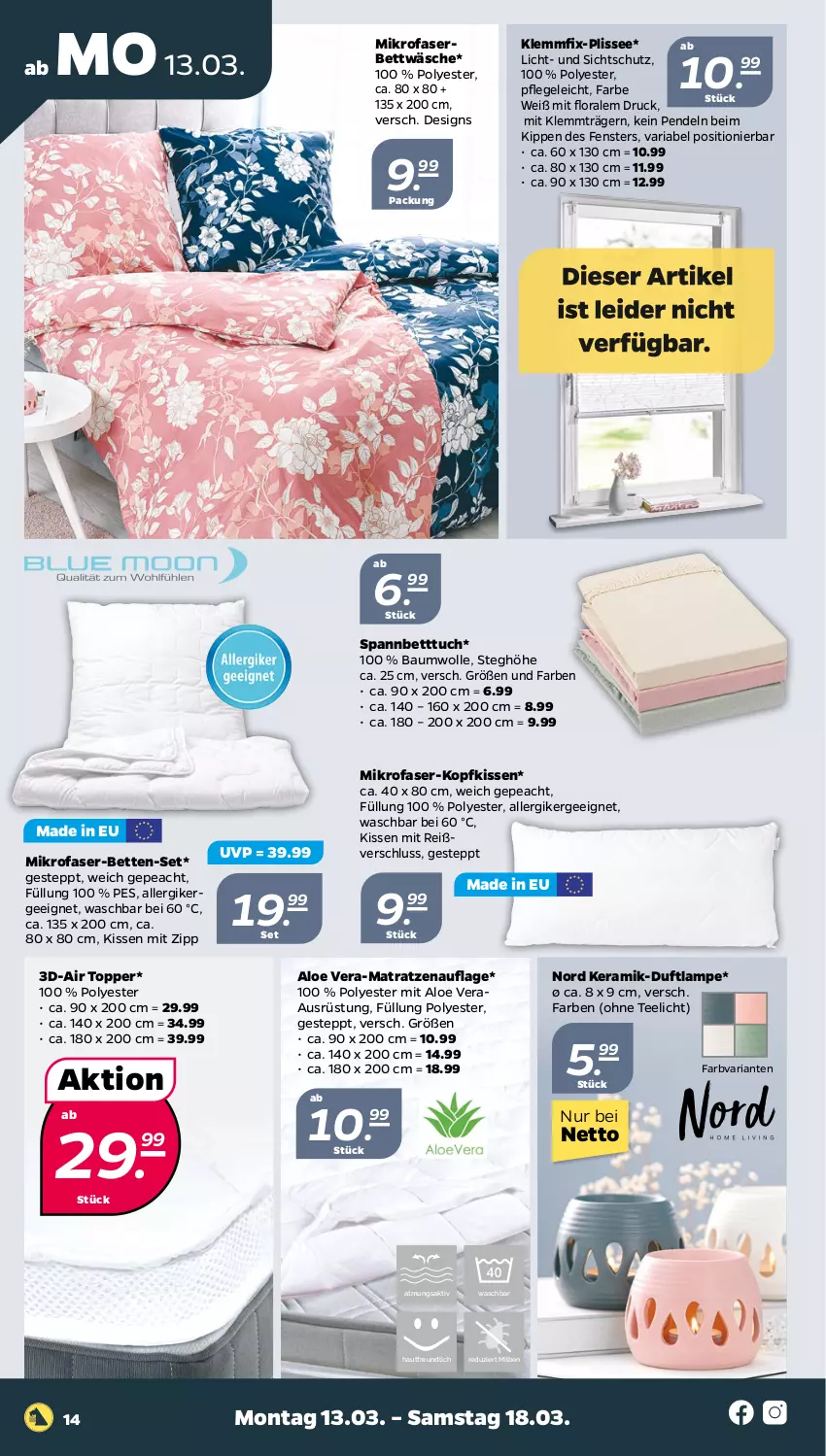 Aktueller Prospekt Netto - Woche 11 - von 13.03 bis 18.03.2023 - strona 14 - produkty: aloe vera, Bau, baumwolle, bett, Betten, Betttuch, bettwäsche, Duftlampe, Ergee, fenster, kissen, kopfkissen, Lampe, matratze, matratzen, matratzenauflage, mikrofaser, Ria, spannbetttuch, tee, Teelicht, Ti, topper, tuc, wolle