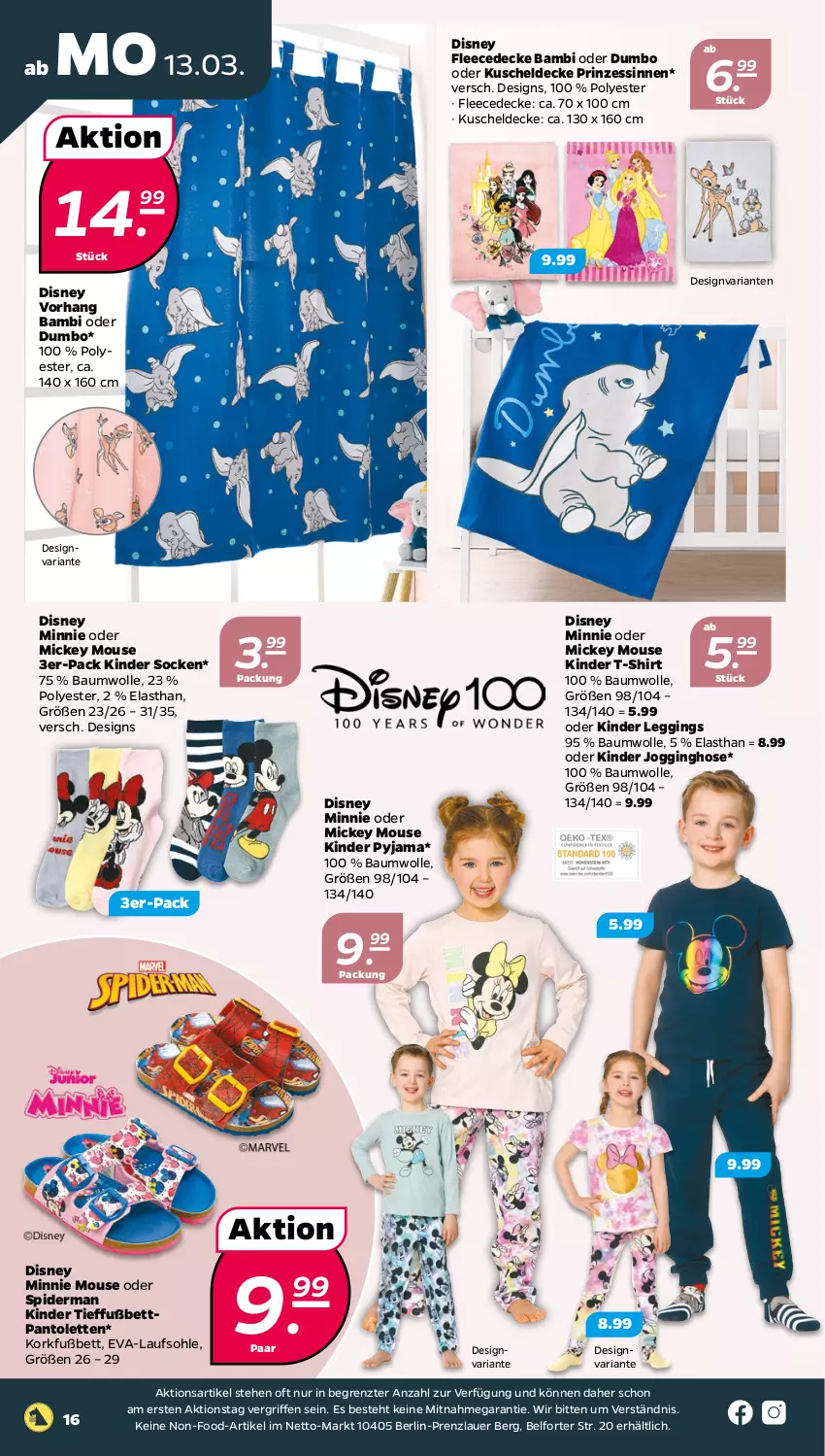 Aktueller Prospekt Netto - Woche 11 - von 13.03 bis 18.03.2023 - strona 16 - produkty: auer, Bau, baumwolle, bett, decke, disney, fleecedecke, gin, hose, Jogginghose, Kinder, Kinder Jogginghose, kuscheldecke, leggings, pantolette, pantoletten, Pyjama, Ria, shirt, socken, T-Shirt, Ti, wolle, ZTE