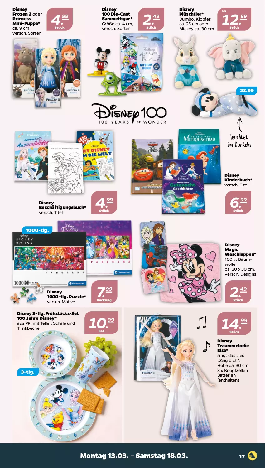 Aktueller Prospekt Netto - Woche 11 - von 13.03 bis 18.03.2023 - strona 17 - produkty: batterie, batterien, Bau, baumwolle, Becher, buch, disney, elle, Frühstücks-Set, Kinder, Kinderbuch, Leuchte, LG, Plüsch, Puppe, Puzzle, Schal, Schale, teller, Ti, trinkbecher, waschlappen, wolle