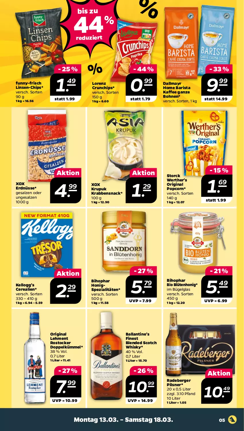 Aktueller Prospekt Netto - Woche 11 - von 13.03 bis 18.03.2023 - strona 5 - produkty: ball, Berger, bihophar, bio, blended scotch, blended scotch whisky, Blüte, blütenhonig, bohne, bohnen, bügel, cerealien, chips, crunchips, dallmayr, erdnüsse, funny-frisch, gin, honig, kaffee, kaffee ganze bohnen, LG, linsen, lorenz, lorenz crunchips, pils, pilsner, popcorn, radeberger, radeberger pilsner, Rostocker, salz, scotch, scotch whisky, snack, Spezi, storck, Ti, whisky