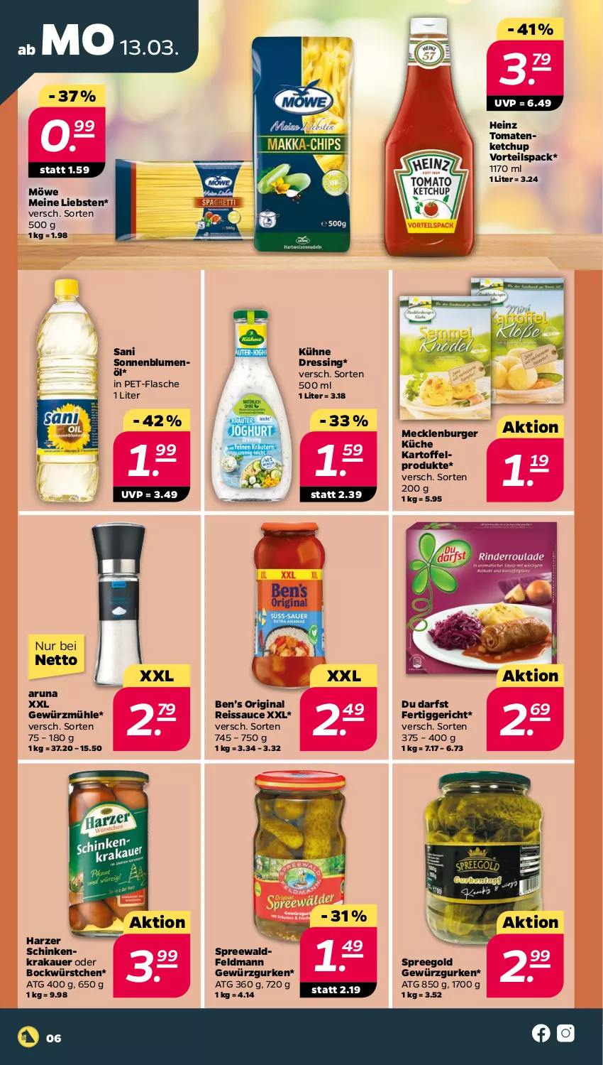 Aktueller Prospekt Netto - Woche 11 - von 13.03 bis 18.03.2023 - strona 6 - produkty: auer, Ben’s Original, blume, blumen, blumenöl, burger, dressing, eis, fertiggericht, flasche, gewürz, Gewürzgurke, gewürzgurken, Gewürzmühle, gin, gurke, gurken, heinz, kartoffel, ketchup, krakauer, küche, Kühne, pet-flasche, reis, reiss, sauce, schinken, schinkenkrakauer, sonnenblume, sonnenblumen, sonnenblumenöl, Ti, tomate, tomaten, tomatenketchup, würstchen