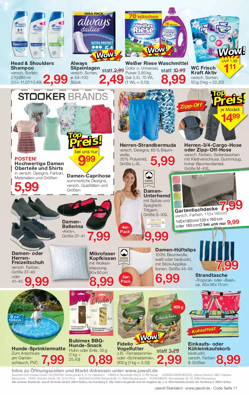 Aktueller Prospekt Jawoll - Prospekte - von 12.06 bis 18.06.2022 - strona 11 - produkty: Alwa, Always, angebot, angebote, ball, Bau, baumwolle, Berger, bermuda, Cap, caprihose, dell, einkaufskorb, ente, Garten, gartenschlauch, gartentisch, hemd, hose, kissen, kopfkissen, korb, kraft, merl, mikrofaser, Mode, Oberteile, Ria, schlauch, shampoo, shirt, shirts, slip, slipeinlagen, slips, snack, spaghetti, strandtasche, Tasche, taschen, Ti, tisch, Unterhemd, Vogelfutter, waschmittel, wc frisch, WC Frisch Kraft Aktiv, wolle