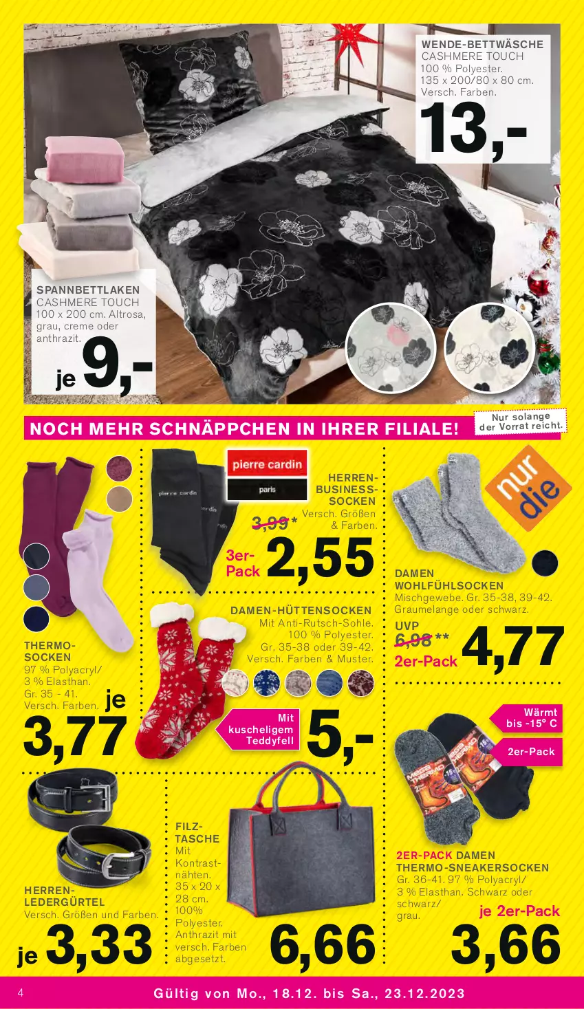 Aktueller Prospekt Kodi - Prospekte - von 18.12 bis 23.12.2023 - strona 4 - produkty: bett, bettwäsche, cashmere, creme, Elan, schnäppchen, sneaker, sneakersocken, socken, spannbettlaken, Tasche, Ti