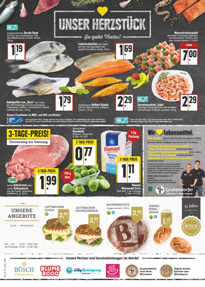 Aktueller Prospekt E Center - Angebote der Woche - von 31.01 bis 05.02.2022 - strona 16 - produkty: angebot, angebote, aqua, auer, Bau, Bauer, bier, braten, brot, decke, eier, eis, elle, erde, filet, fisch, fische, Fischer, fischtheke, fleisch, forelle, garnelen, gouda, grill, gulasch, kabeljaufilet, kochschinken, kräuter, kräutern, küche, lachs, lebensmittel, mac, mehl, nuss, Rauch, Reinigung, reis, rel, riesengarnelen, rosen, Rosenkohl, saft, Schere, schinken, Ti, tisch, tomate, tomaten, type 405, uhr, weizenmehl