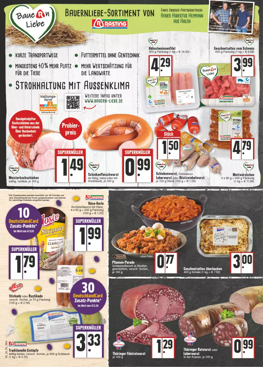 Aktueller Prospekt E Center - Angebote der Woche - von 31.01 bis 05.02.2022 - strona 4 - produkty: auer, Bau, Bauer, cin, deutschlandcard, eintöpfe, eis, elle, ente, erde, filet, fleisch, geschnetzeltes, Käse, knoblauch, kochschinken, leberwurst, Meister, Mett, mettwurst, natur, pfanne, pfannen, reifen, ring, Rotwurst, saft, schinken, schinkenwurst, schlauch, schwein, schweine, schweinefleisch, Sport, stickado, Ti, Tiere, wein, weine, wurst, würstchen, Zelt, zwiebel