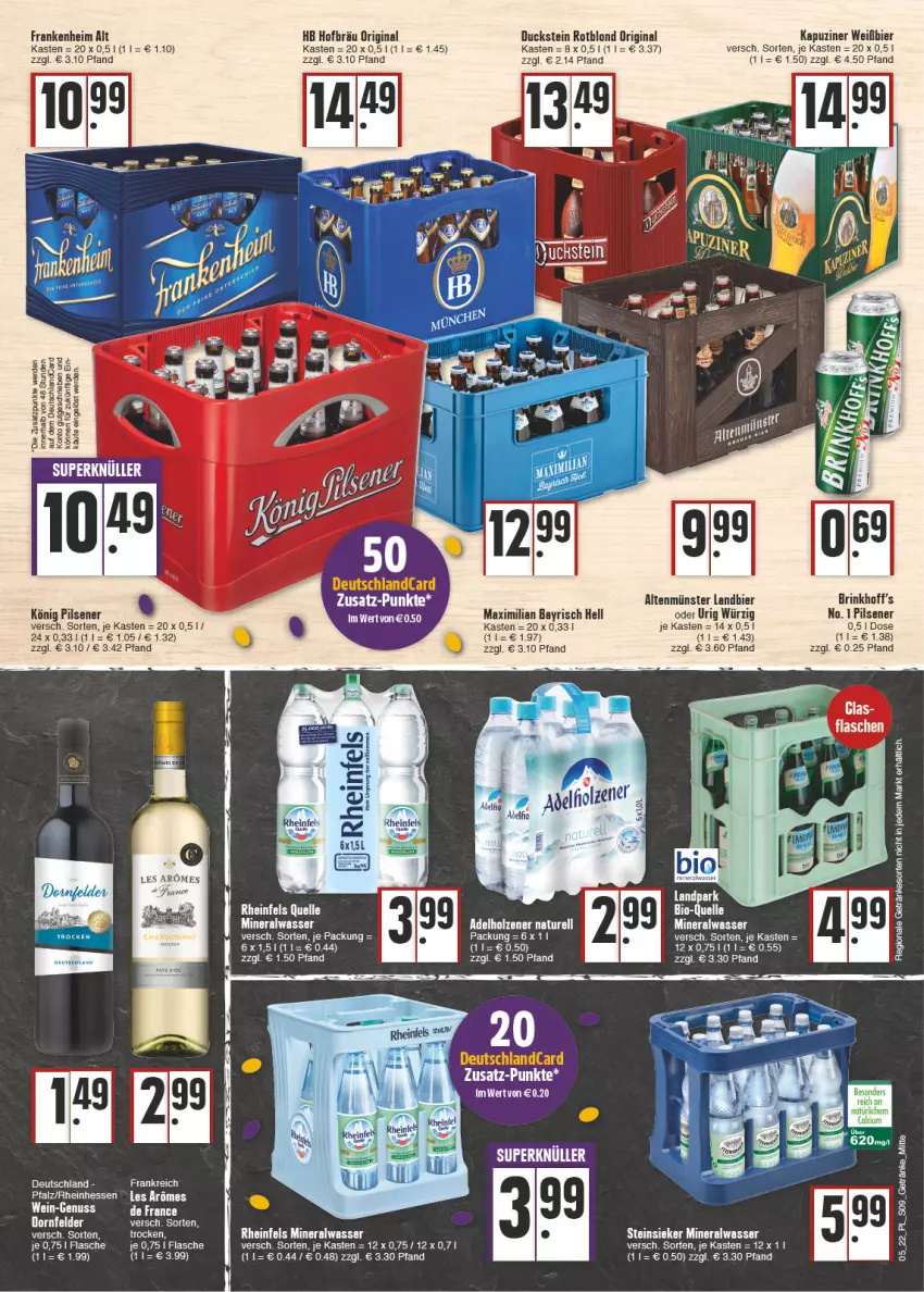 Aktueller Prospekt E Center - Angebote der Woche - von 31.01 bis 05.02.2022 - strona 9 - produkty: adelholzener, Altenmünster, Alwa, bier, deutschlandcard, Duck, elle, erde, getränk, getränke, gin, Holz, könig pilsener, mineralwasser, natur, nero, nuss, pils, pilsener, rel, rheinfels quelle, Steinsieker, tee, wasser, wein